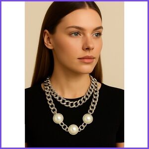 Ellen Tracy Chunky Silver Chainlink Pearl Necklace